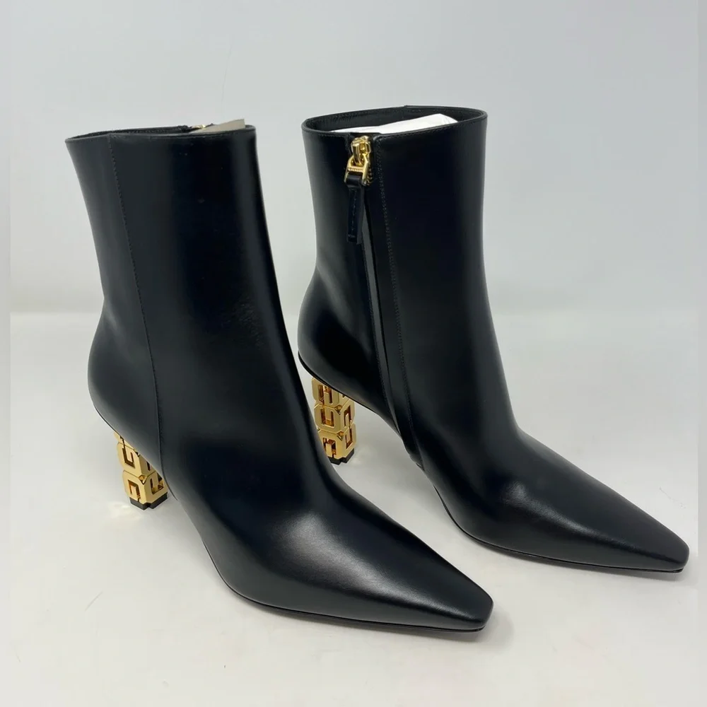 NIB Givenchy G Cube 85 Leather Ankle Boots Pointed Toe Black Gold Heel size 37.5